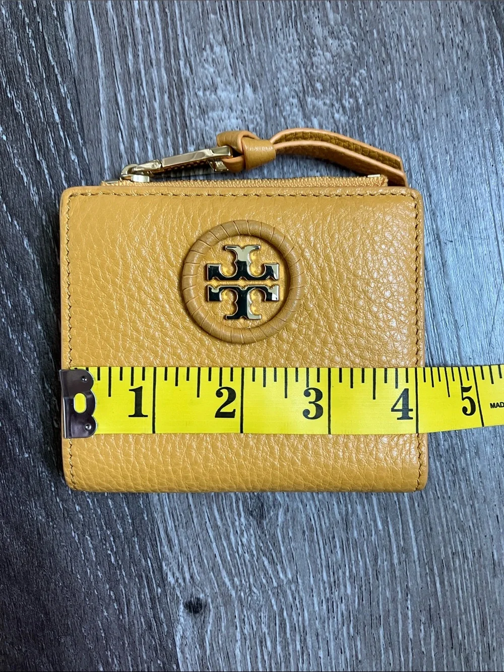 Tory Burch Pebbled Leather Zip Card Case in Mustard